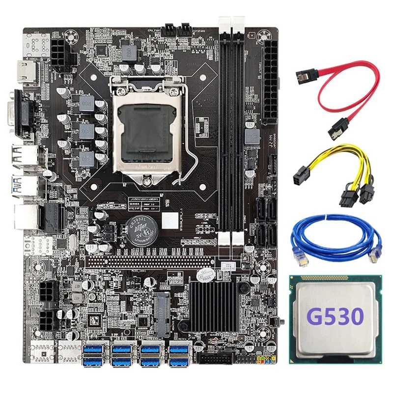 

B75 BTC Mining Motherboard+G530 CPU+6Pin to Dual 8Pin Cable+RJ45 Network Cable LGA1155 8XPCIE USB3.0 Support Dual DDR3