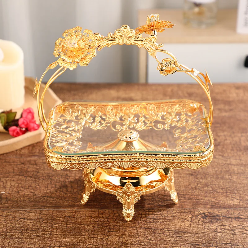 gold portable fruit basket studded with multi-layer petals decorated fruit basket banquet wedding ornaments fruit basket