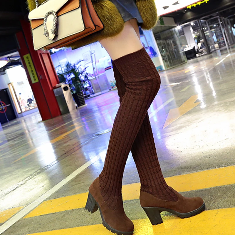 Knitting Stretch Overknee Boots Women Thigh High Boots Fashion Sexy Slim Black Shoes Woman Platform High Heel Boots Bottes Femme