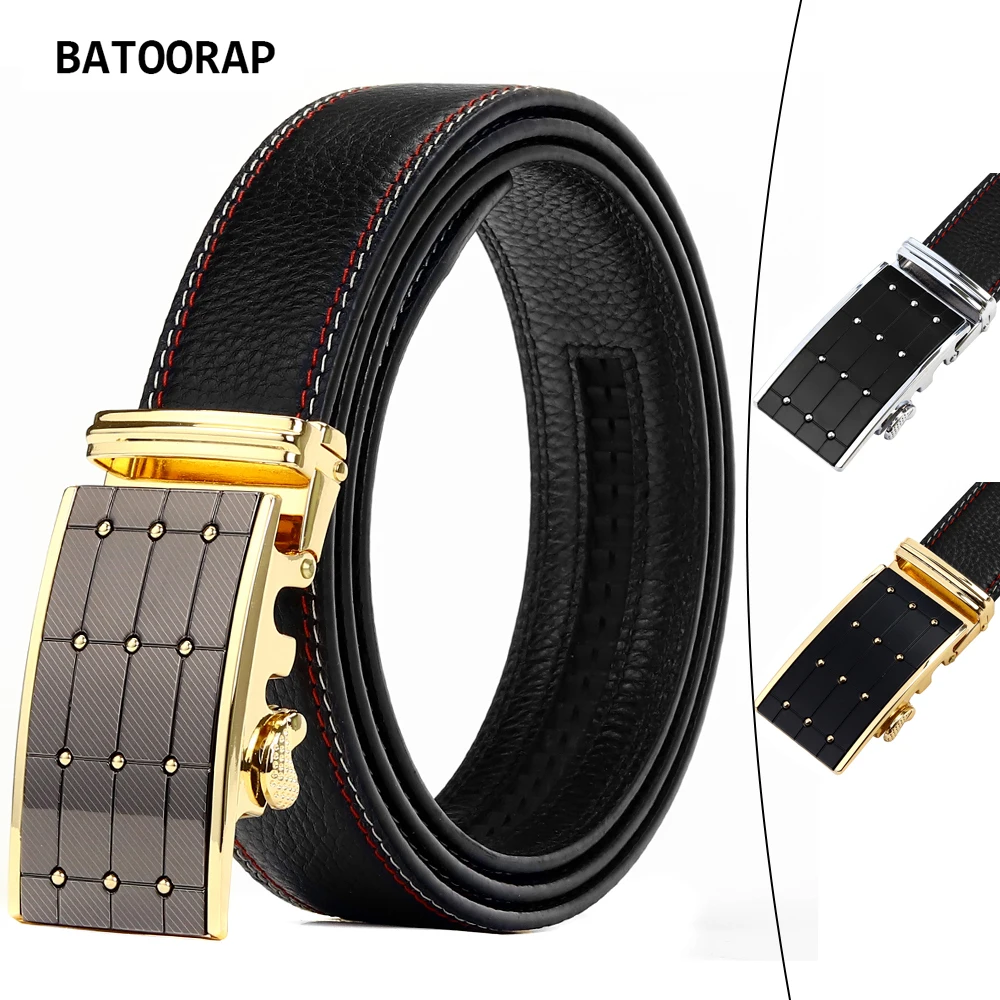 BATOORAP Belt for Men Black Real Cow Leather Alloy Automatic Buckle Quality Fashion Luxury Trouser Strap Belt Male 110cm-130cm
