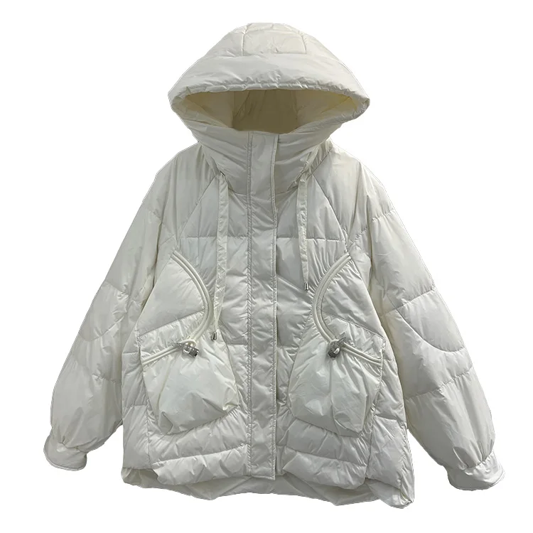 

2022 Out of season new down jacket Korean hooded women's short fashion pocket oxbow buckle casual coat Winter fashion H448