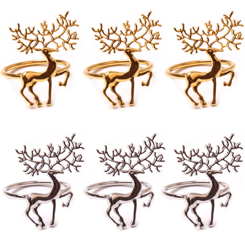 

4pcs Classic Christmas Dining Table Elk Die-casting Polished Napkin Buckle Eco-friendly Sika Deer Napkin Ring Paper Towel Ring