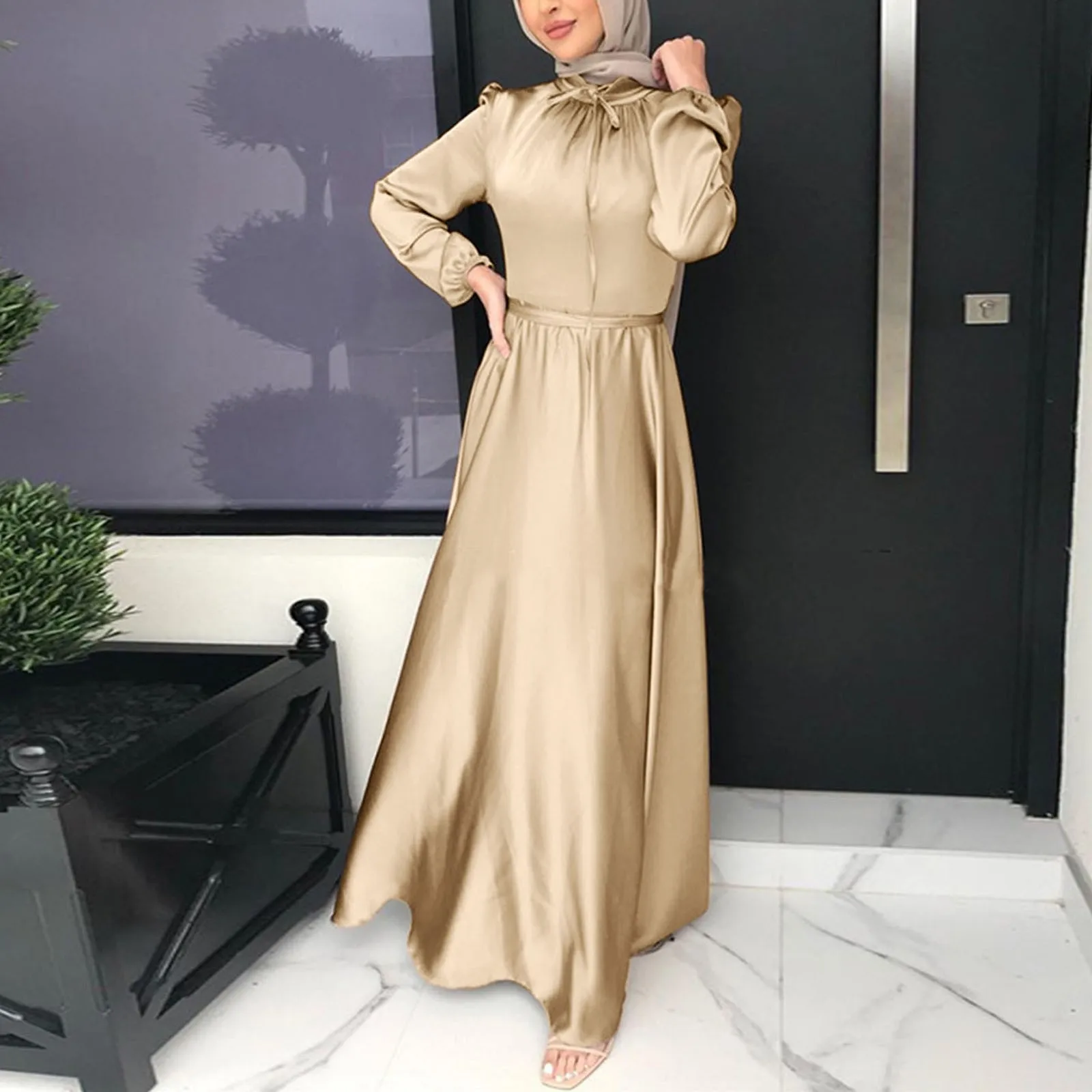 

Muslim Long Dress Dubai Abaya Women Fashion Imitated Silk Elastic Ruched Detail Islam Turkey African Hijab Dresses Party Ramadan