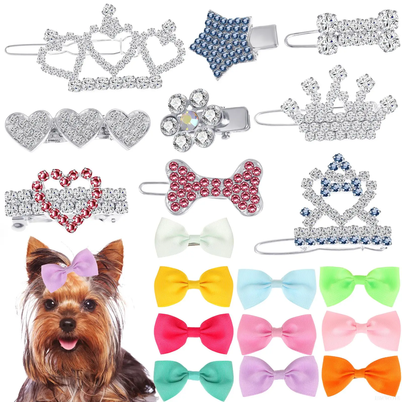 

19Pcs Dog Tiara Crown Hair Clips Pet Crystal Rhinestone Barrette Clips for Dog Puppy Cat Pet Girl Grooming Hair Accessories