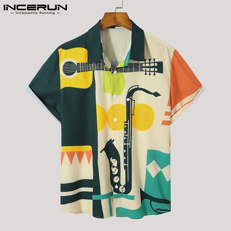 

INCERUN Men Printing Shirts Lapel Short Sleeve Summer 2023 Stylish Casual Hawaiian Shirts Men Streetwear Vacation Camisas S-5XL