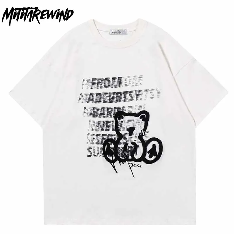 

Retro Bear Embroidery Letters Couple T Shirt Short Sleeve O-neck Casual Loose Streetwear Pure Cotton Hipster Oversized Tops Tees
