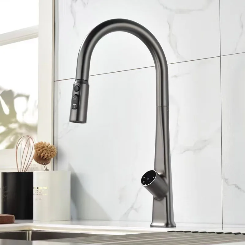 Матовый золотой умный сенсорный смеситель для кухни цифровой дисплей