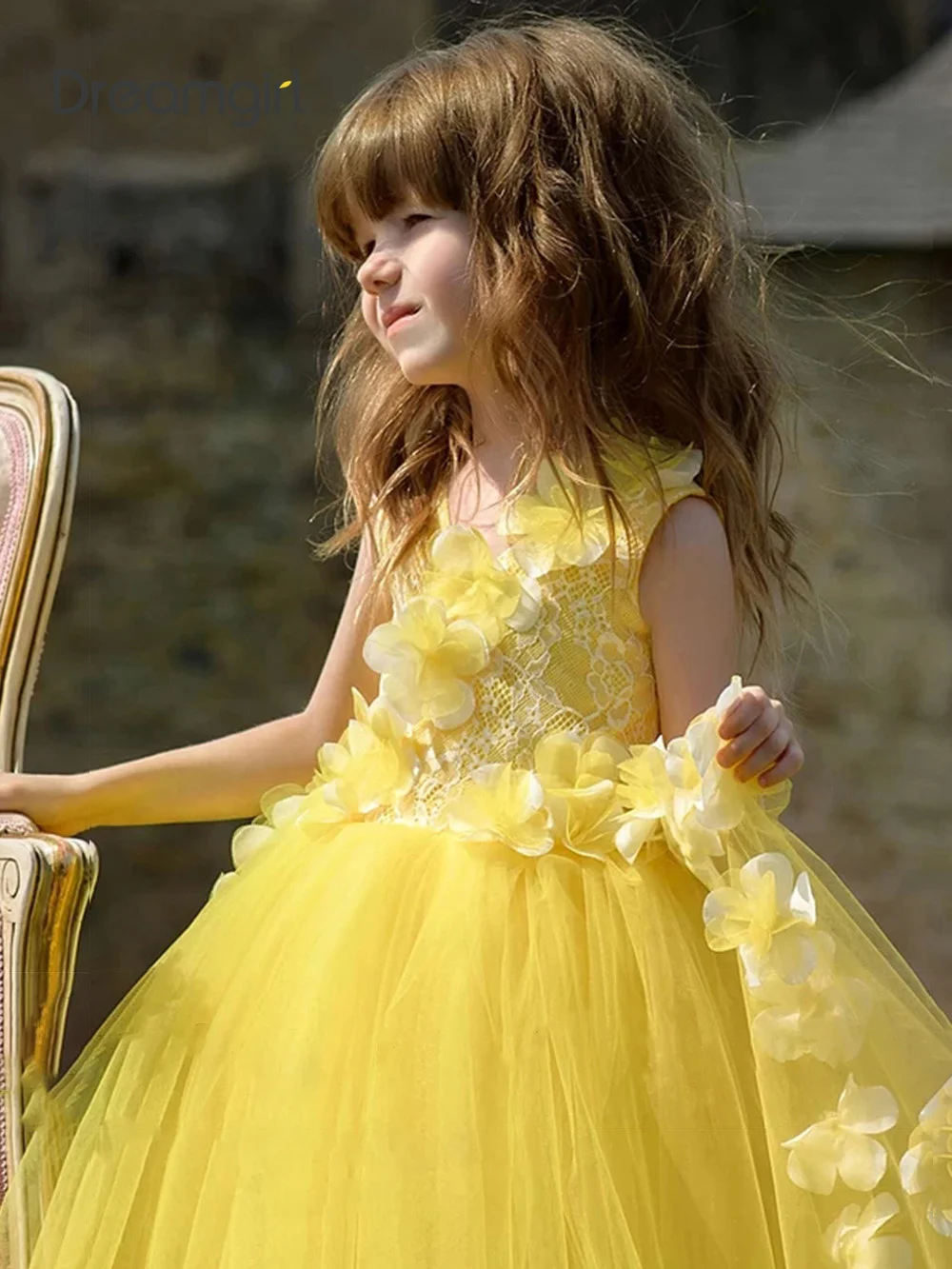 Платье для девочки с V-образным вырезом Dreamgirl, желтое платье для свадебной вечеринки, платье для девочки с аппликацией, кружевное платье для первого причастия, бальное платье