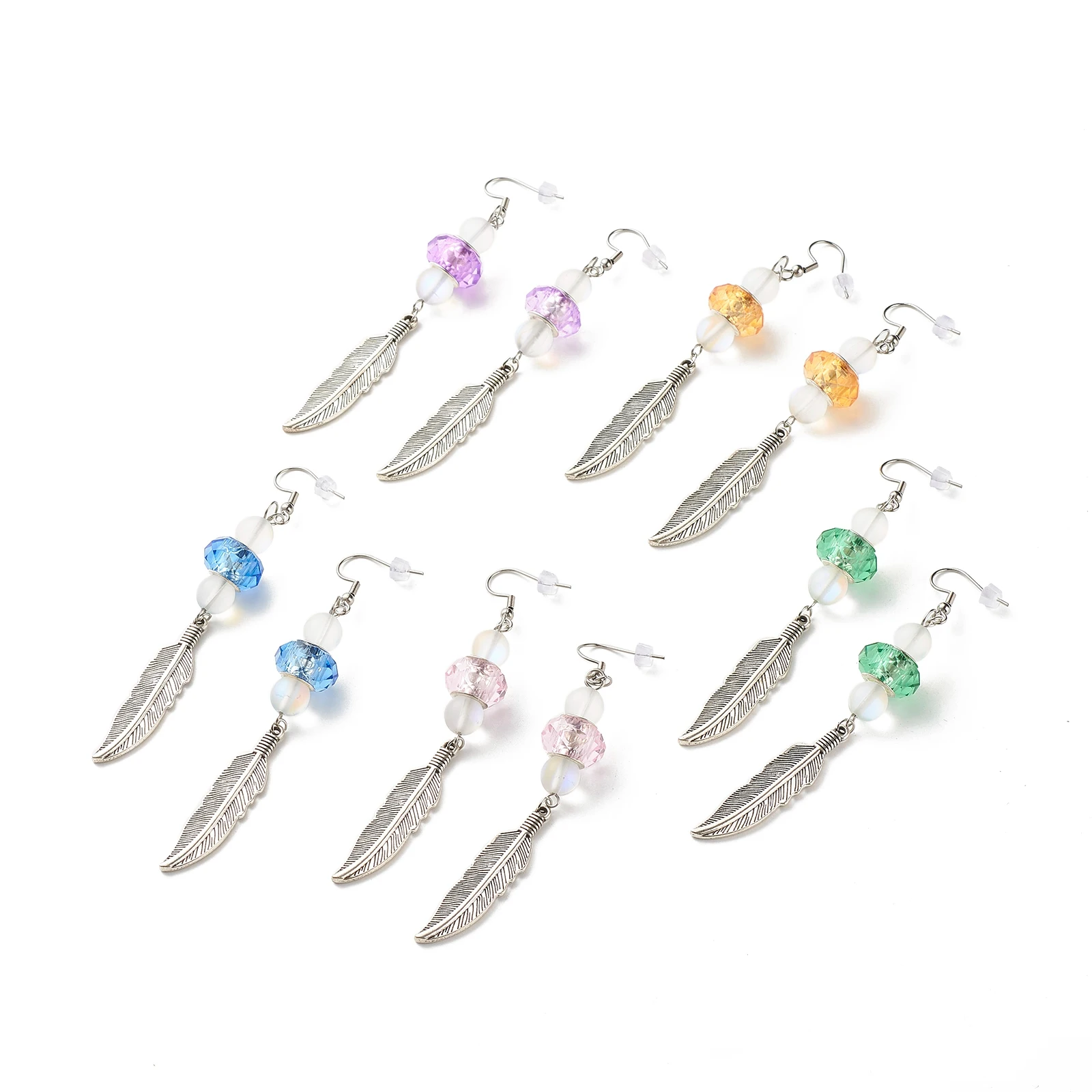 

Kissitty 20 Pairs Feather with Round Beads Long Dangle Earrings For Women Long Hanging Hook Earring Jewelry Finding Gift