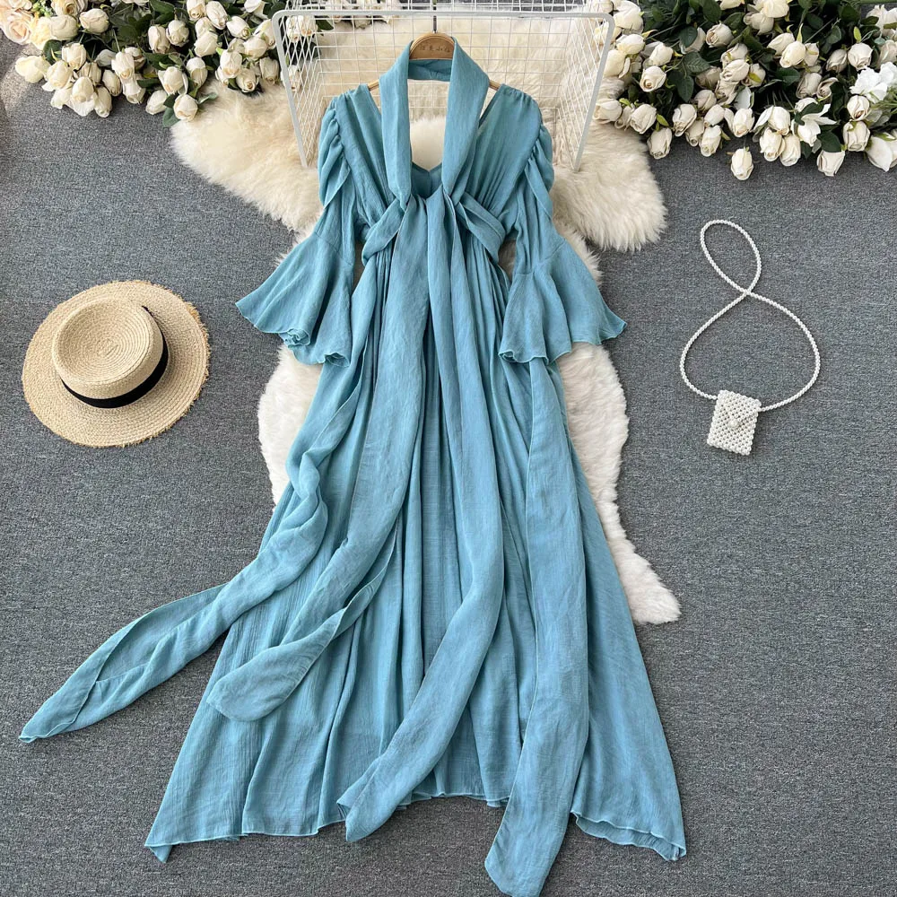 

New Women Beach Dress Summer Sexy V Neck Backless Boho Long Dresses Ladies Elegant Blue Bandage Long Robe