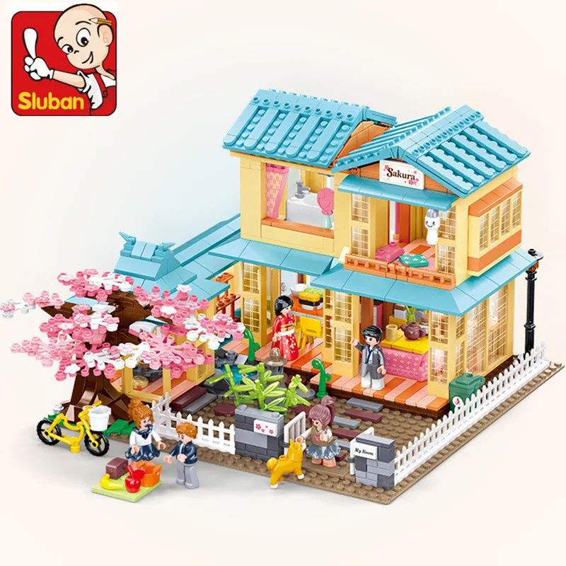 

1029PCS Spring Sakura Season Dreaming Holiday Villa Japanese House Apartment Castle City Building Blocks Friends Kids Toys