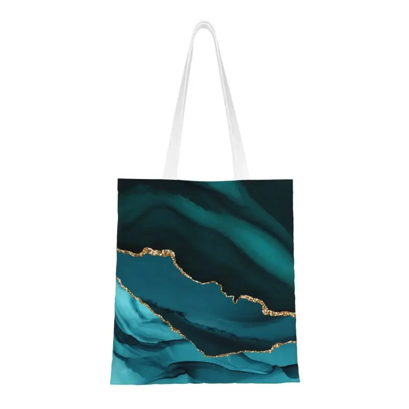 

Teal And Gold Agate Texture Grocery Tote Shopping Bag Women Marble Geometric Canvas Shopper Shoulder Bag Large Capacity Handbag