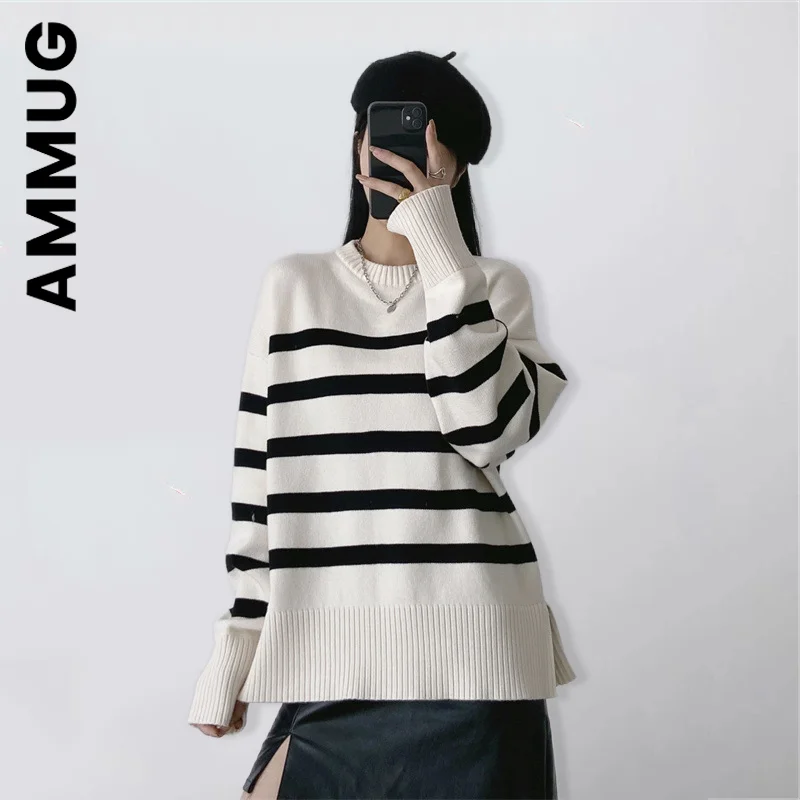 

Women Autumn Winter Striped Sweaters Fashion Loose Knitted Ladies Pullover Tops O Neck Long Sleeve Simple Knit Sweater Female
