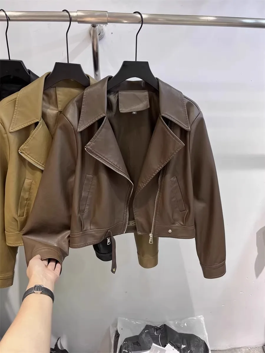 Черное короткое кожаное пальто Верхняя одежда Женская весна и осень Новая