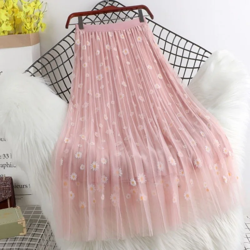 Child Daisy Print Tulle Skirts 2023 New Summer Girls Princess A-Line Pleated Skirts Teenage Mesh Skirts for Kids 3-14T
