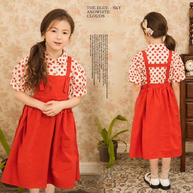 

Kids Clothes Girls Summer Short Sleeve Princess Costumes Red Polka Dot Blouse Strap Dress Two Pieces Clothing Set for Children