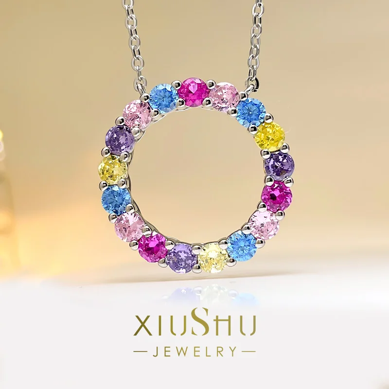 

European And American Fashion 925 Sterling Silver Super Beautiful Circle Colorful Diamond Necklace High Sense High Carbon Diamon