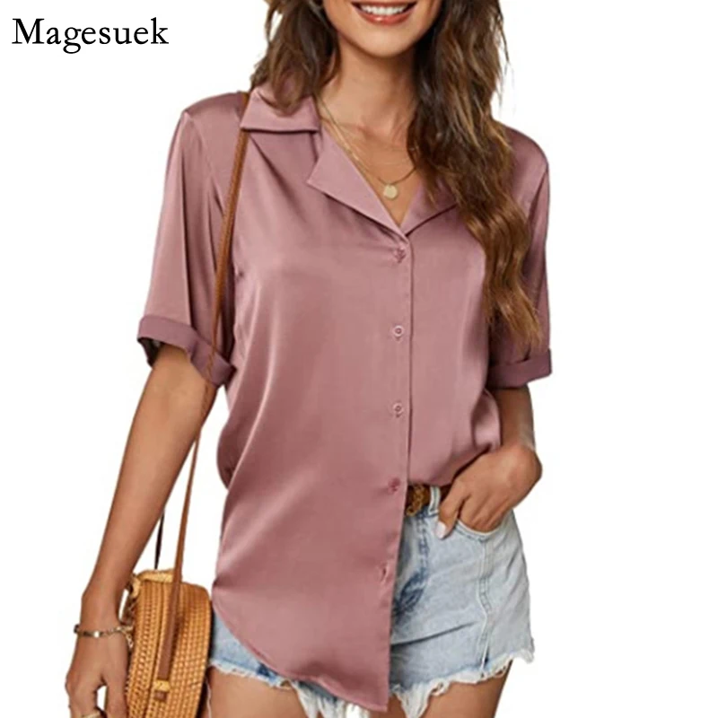 

White Satin Shirt Women 2022 Summer Short Sleeve Loose Women's Blouse Tops Casual Notched Office Lady Button Silk Shirts 19931