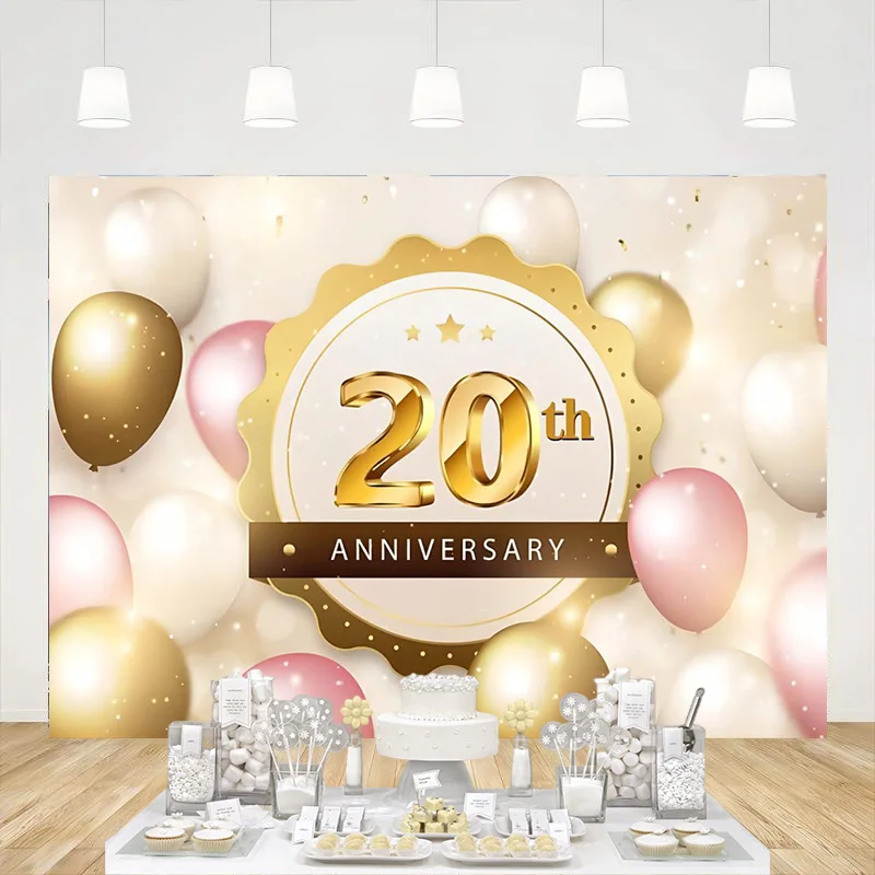 

20th Anniversary Backdrop Pink Gold Balloons Photography Background Happy 20th Birthday Wedding Celebration Party Banner