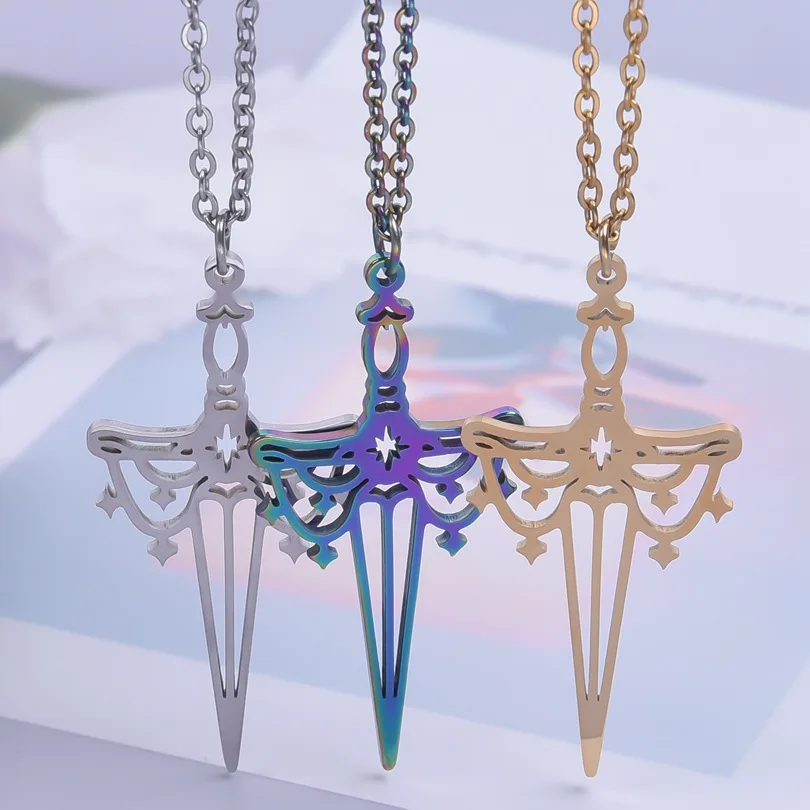 

1pcs Gold Hero Angel Sword Pendant Necklace For Women Men Stainless Steel Jewelry Chain Neck Collier Acier Inoxydable