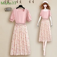 womens summer suit 2022 new casual square neck shirt top printed midi skirt two piece korean elegant blouse skirts set