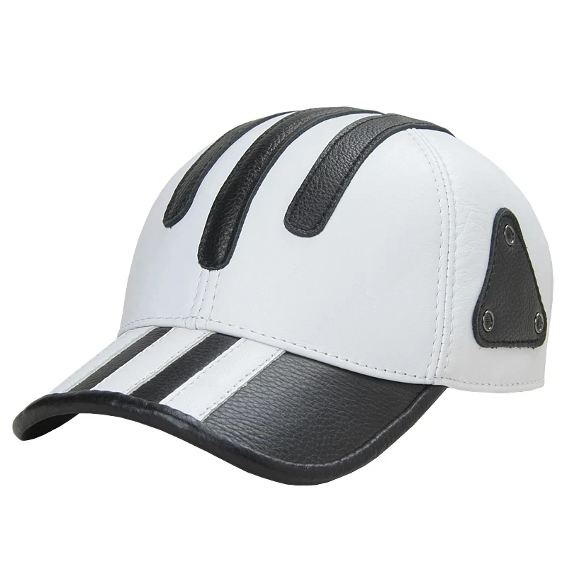 Genuine Leather Golf Hat For Men Casual Outdoor White Black Patchwork Baseball Cap Male Thin Duck Tongue Chic Trucker Casquette