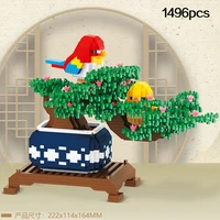 1496pcs potted building blocks cartoon bird parrot flower tree vase cute building blocks boys and girls assembled gifts diy toys