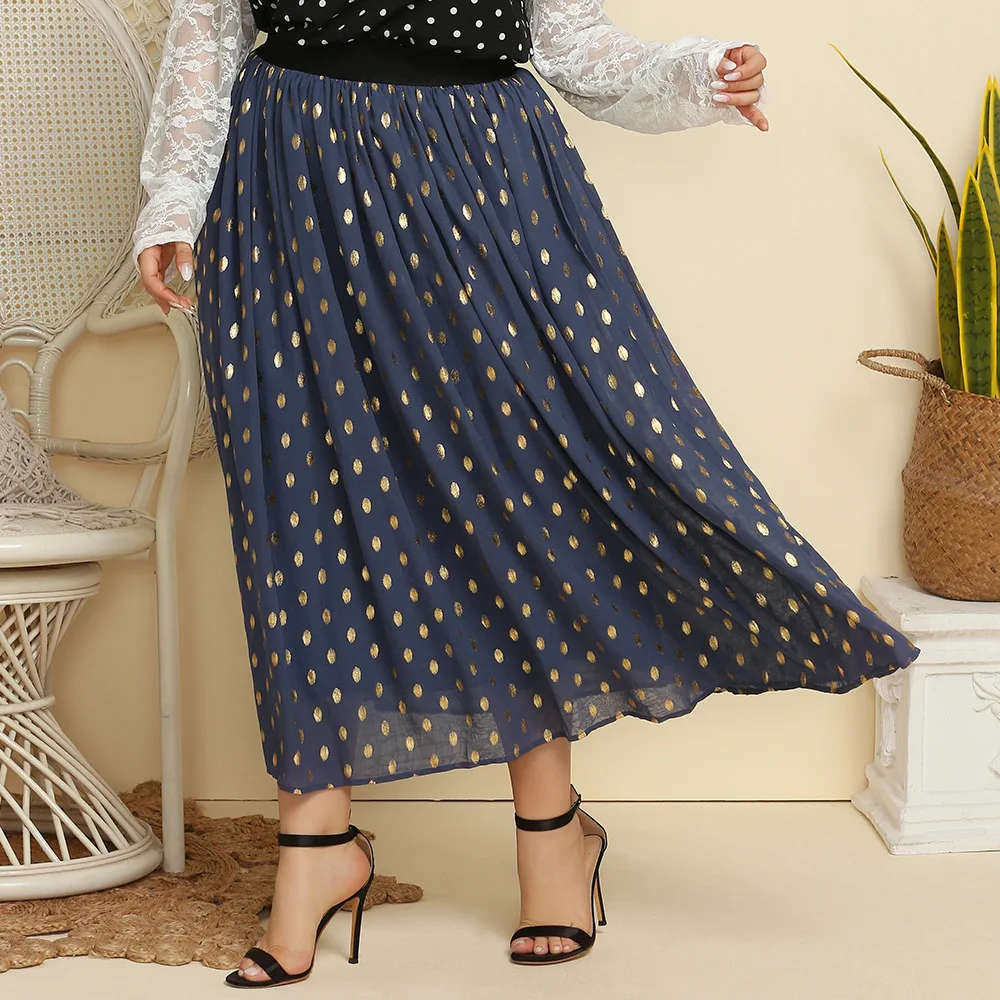 5XL Plus Size Women's Clothing Autumn Print Polka Dot Elastic Waist Chiffon Elegant Mid-Length Ladies Half A-line Skirt