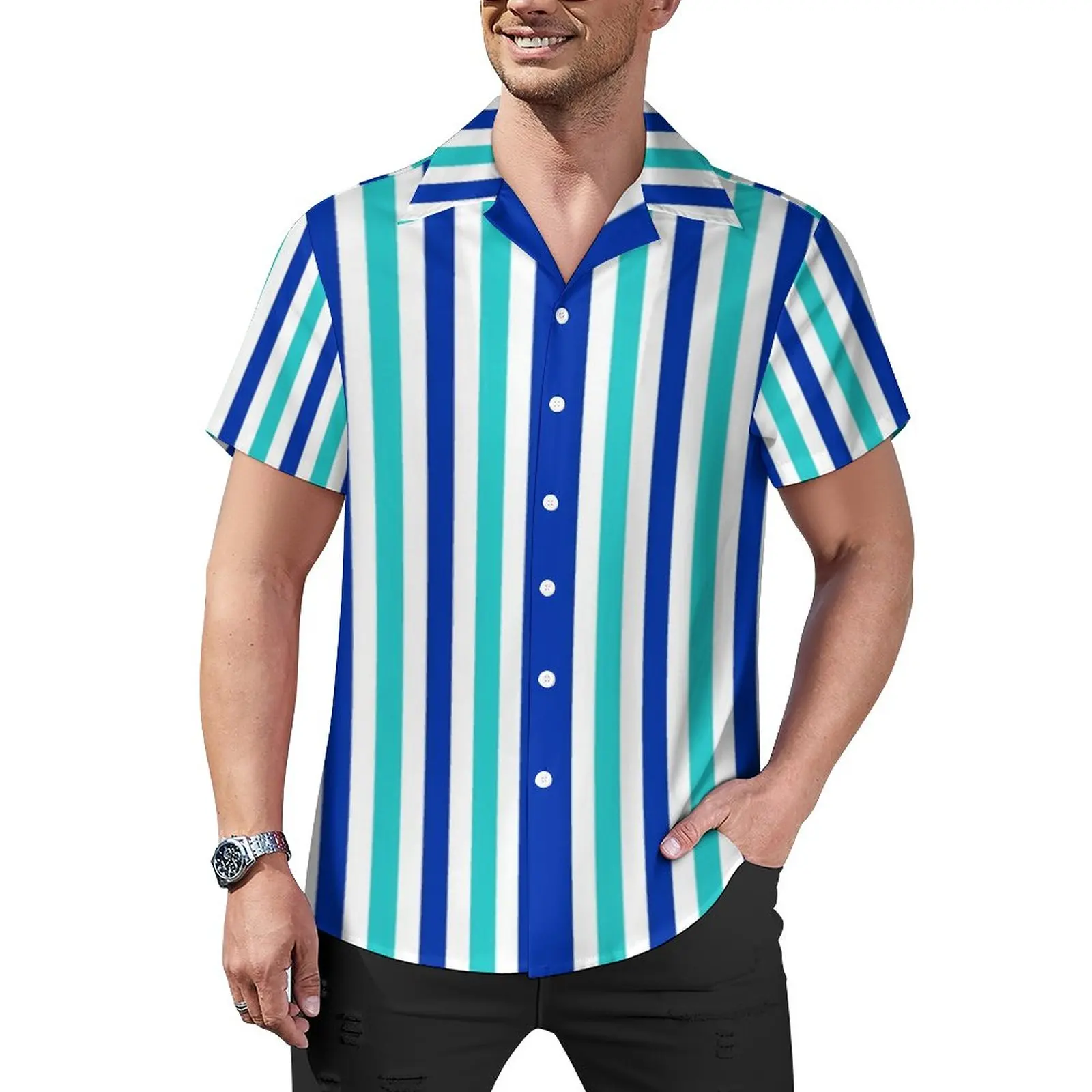 

Vertical Striped Blouses Men Blue And White Casual Shirts Hawaiian Short Sleeve Pattern Novelty Oversized Beach Shirt Gift