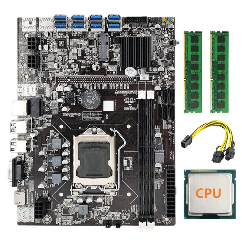 

B75 BTC Mining Motherboard+2XDDR3 4GB 1600Mhz RAM+Random CPU+6Pin to Dual 8Pin Cable LGA1155 8GPU PCI-E to USB B75 Miner
