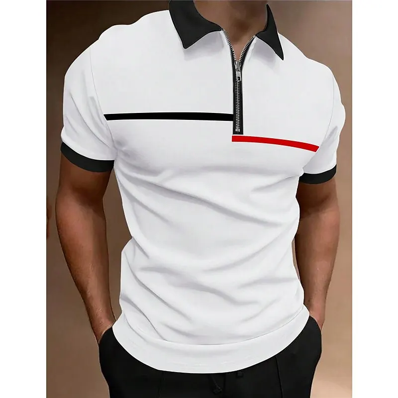 

Men's Small Stripe Polo Shirt Business Casual Tops Golf Clothing Simple Fashion Polo Shirt Stripe Printed Zip Pullover