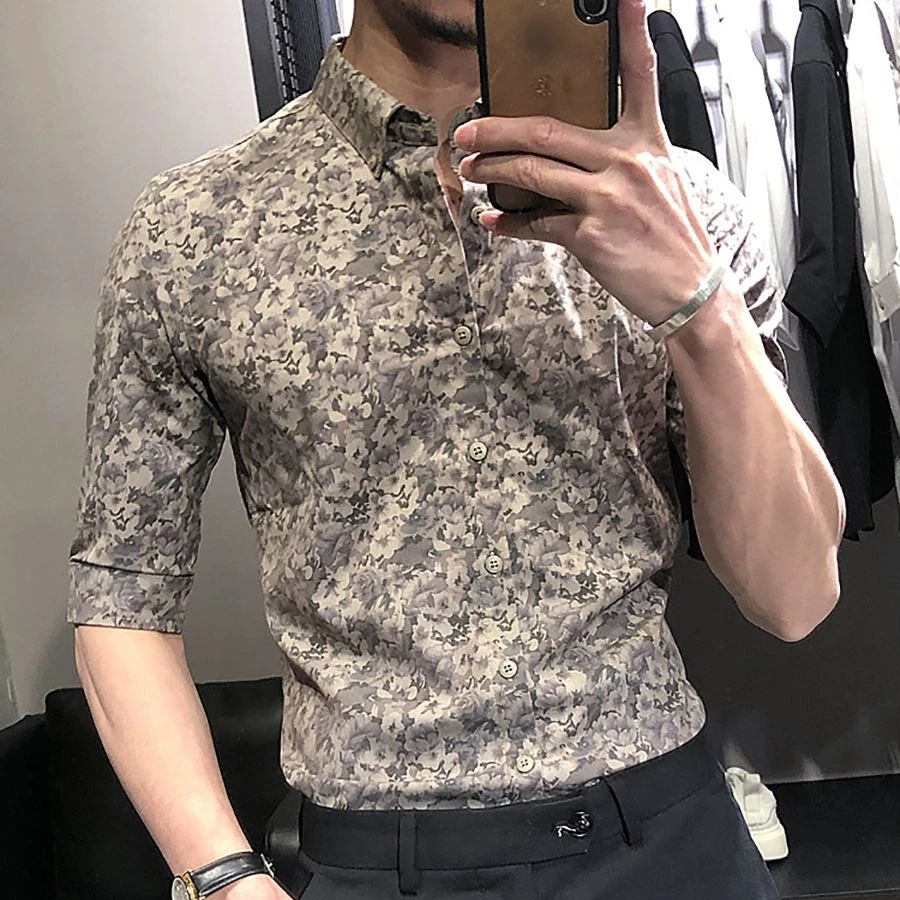 Summer Floral Shirt Men's Short Sleeve Shirt Korean Style Trendy Men's Slim Half Sleeve Shirt Men's Handsome Casual Shirt