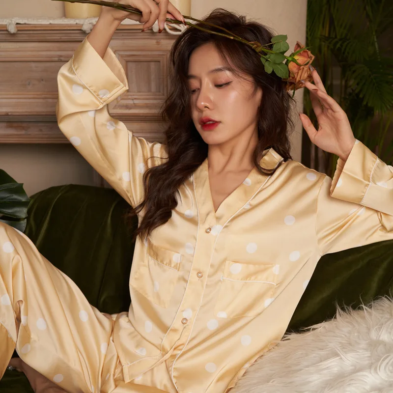 Women's 2 Piece Pajama Sets Dot Print Pijama Suit Ice Silk Pyjama Female Sleepwear Long Sleeve Shirt Trouser Homewear Loungewear