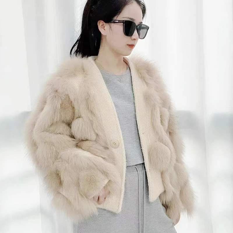 2022 Winter New Women's Fox Fur Grass Jacket Knitted Cardigan Big Fox Fur Cotton Candy Fashion Jacket V-neck elastic