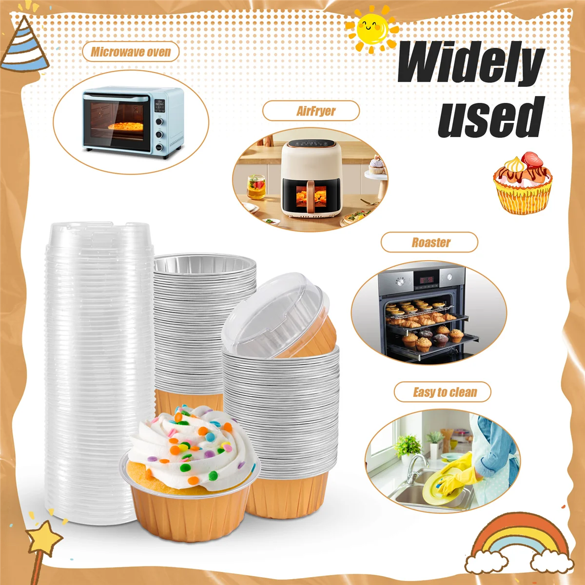 Десертные чашки с крышками 50 упаковок Золотая алюминиевая фольга для выпечки