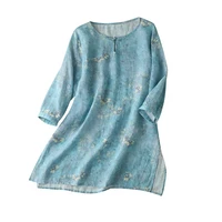 2022 long shirt women indie folk print ramie women blouse o neck three quarter sleeve blusas thin natural fiber