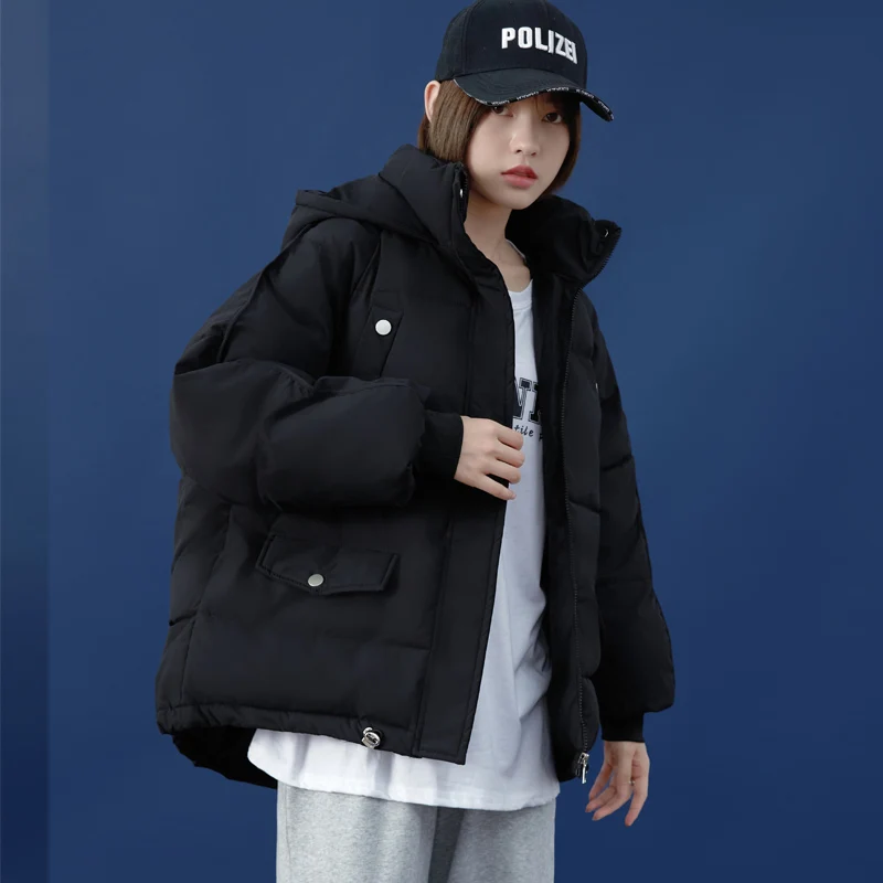Women Solid Color Loose Hooded Casual Parkas 2021 Winter Puffer Coats Drawstring Tighten Student Shorty Harajuku Jacket Overcoat
