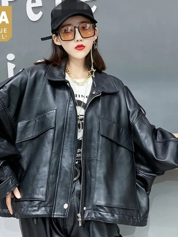 

Куртка женская из натуральной овечьей кожи, повседневный свободный Байкерский пиджак в стиле бойфренда на молнии, уличная одежда с отложны...