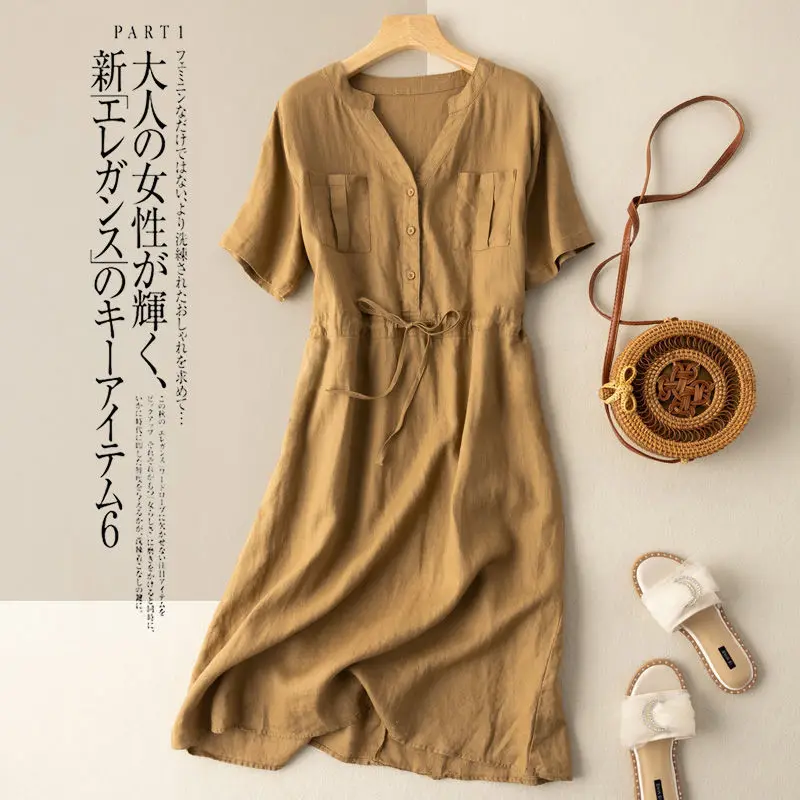 

Женское Хлопковое платье с V-образным вырезом, однотонное Свободное длинное платье в литературном ретро-стиле с завышенной талией и кармана...