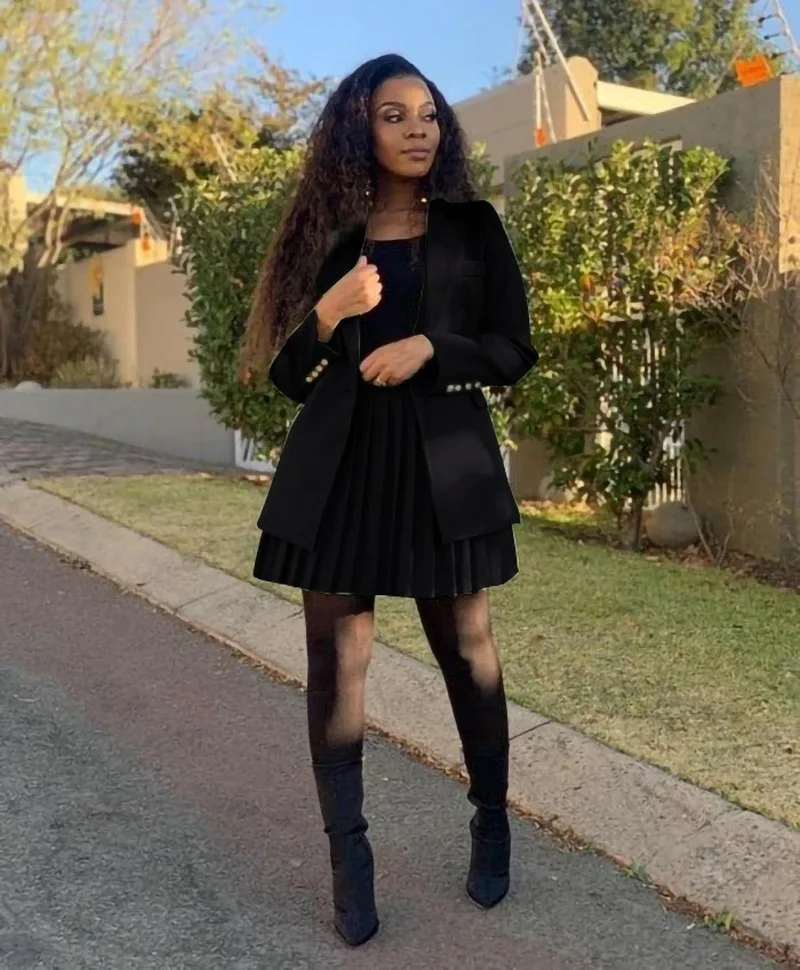 2023 Fashion Women Blazer and Pleated Skirt Set Long Sleeve Office Lady Solid Color Two  Piece Suit Large 3XL Business