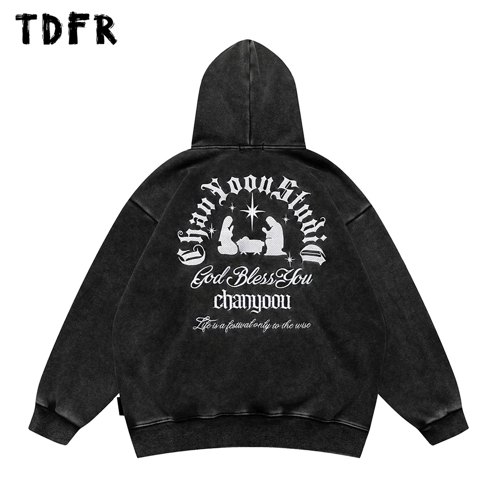 

Back PEmbroidery Hooded Sweatshirts Mens Winter Pocket Casual Loose Long Sleeve Thick Sweatshirts Men