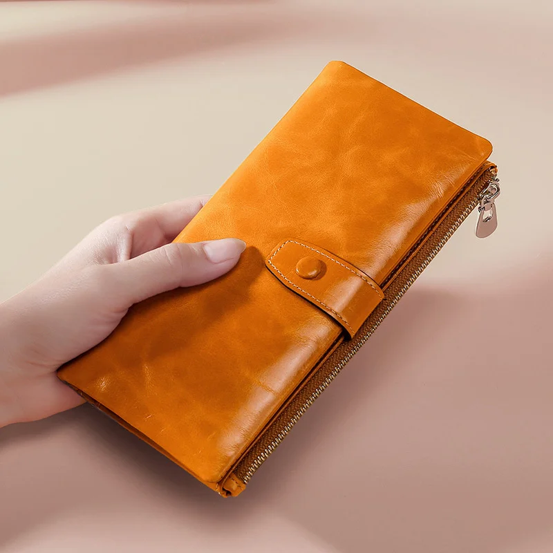 

Blocking RFID Genuine Leather Wallet Women Long Lady Purse Brand Design Luxury Oil Wax Female Coin