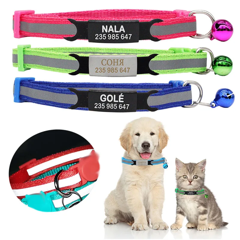 

Dog Collar Personalized Name ID Tag Reflective Necklace Puppy Replaceable Nameplate Custom Engrave Adjustable Small Dog Supplies