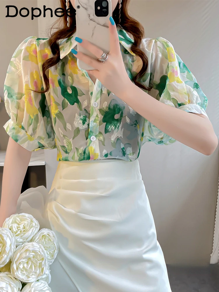 

2022 Summer New Loose Puff Sleeves Top Women's Lapel Short Sleeve Printed Embroidered Shirt Women's Chiffon Shirt Women's