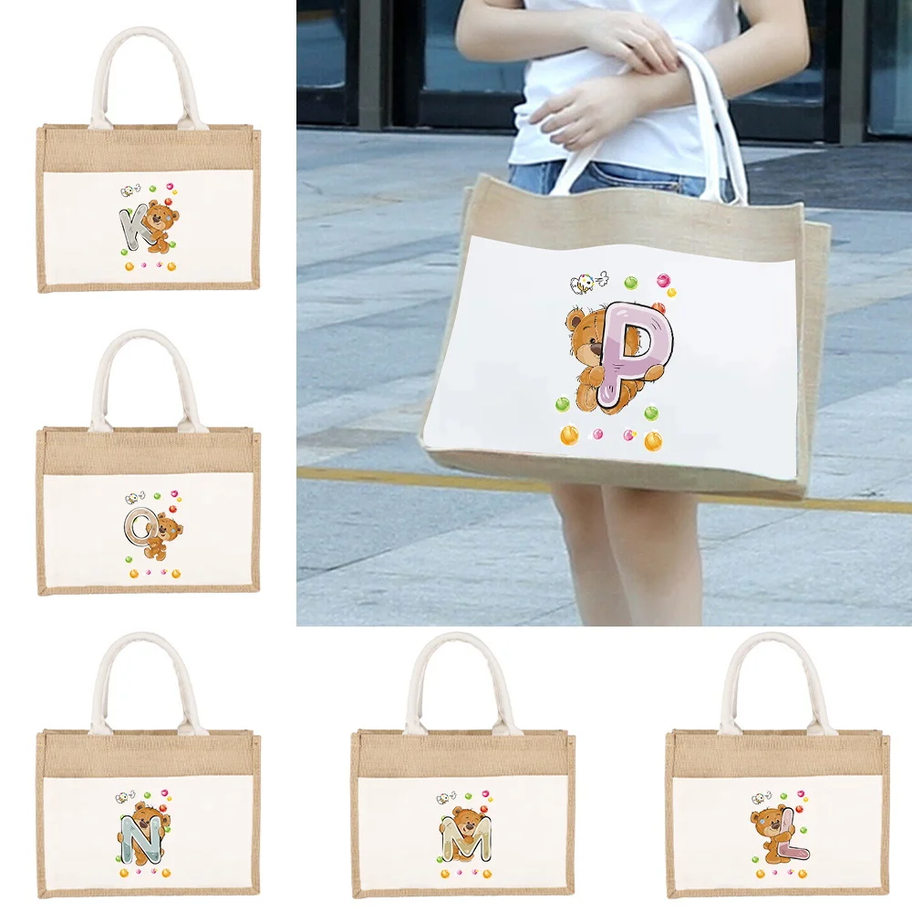 

Jute Handbag Linen Shoulder Sacks Women's Shopping Bags Linen Shoulder Sacks Bear Letter Print Pattern for Grocery Shopping