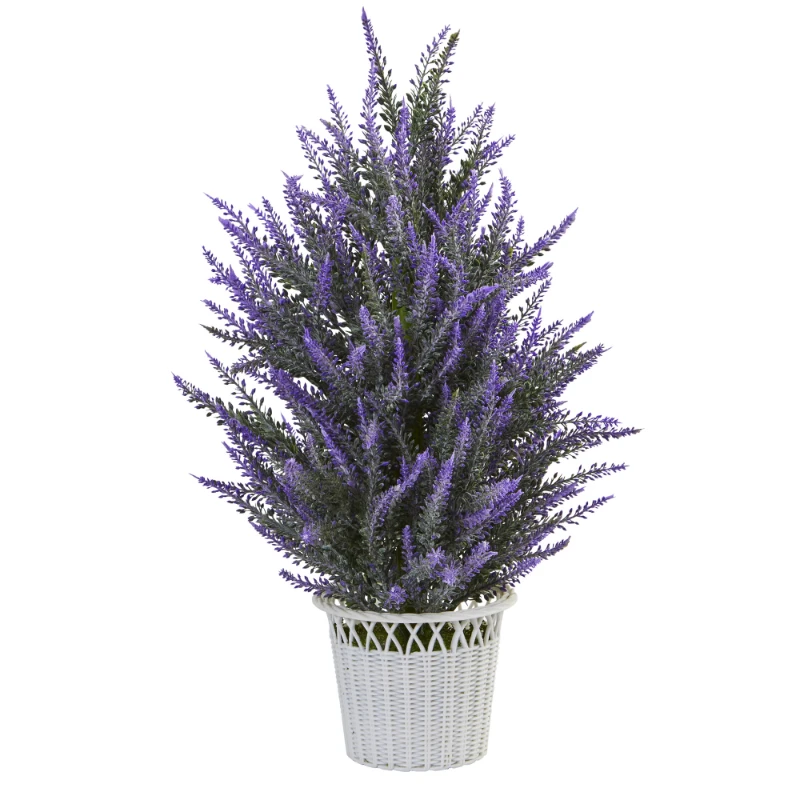 Lavender in White Wicker Planter Artificial Plant, Purple
