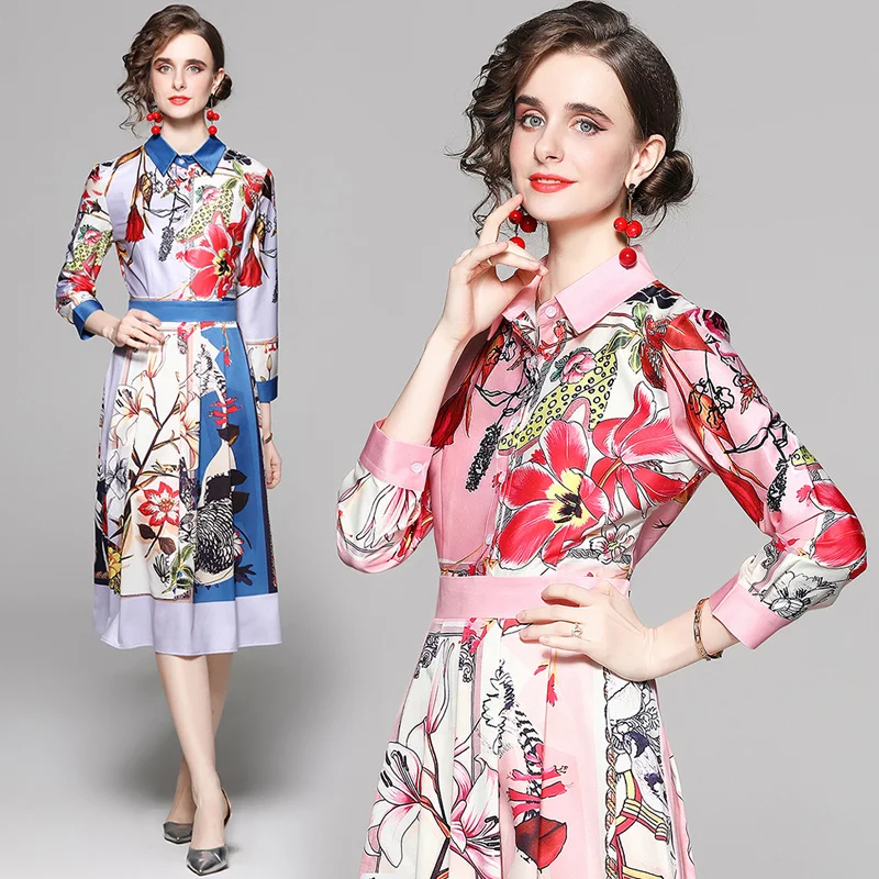 

Europe and America French Dress Design Chic Ins Floral Print Shirt Dress Elegant Office Lady Long Sleeve WOMEN Knee-Length Dress