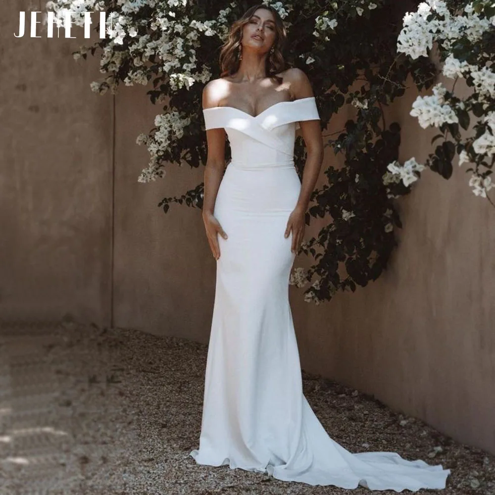 

JEHETH Soft Satin Off the Shoulder Mermaid Wedding Dress robe de mariée Elegant White Backless Bridal Gown vestidos de novia