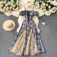 womens mesh stitching strapless mixi dress holiday ladies vestidos female robe summer elegant chiffon floral strap sundress y2k