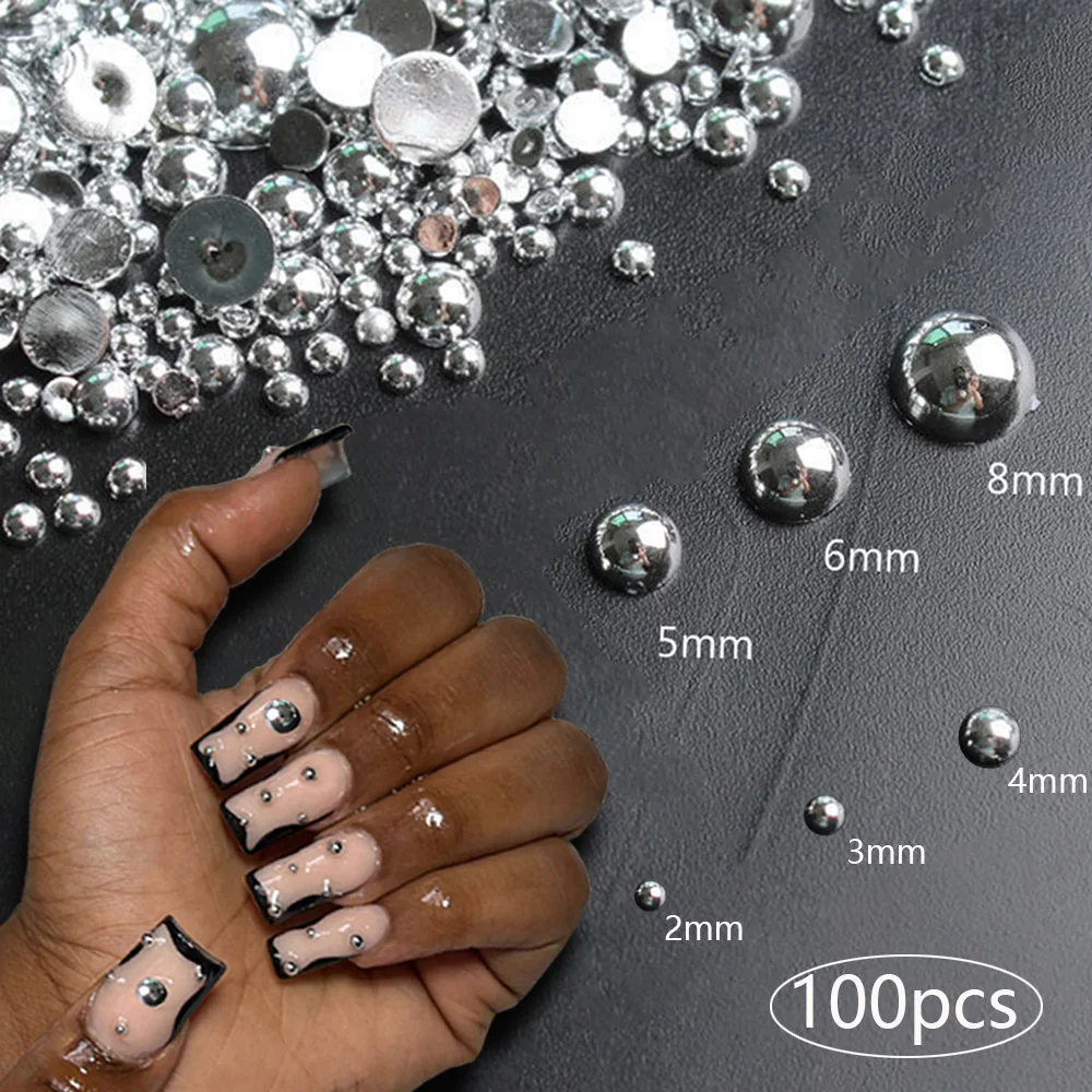 

100Pcs Semicircle 3D Nail Art Punk Silver Pearl Shape Gothic Design Luxury Holy and Evil Charms Manicure Tips Rhinestones Decors